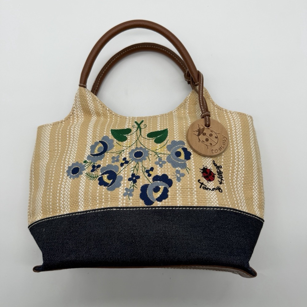 Tommy H. Floral Straw Tote Leather Handles Ladybug Charm Purse Bag